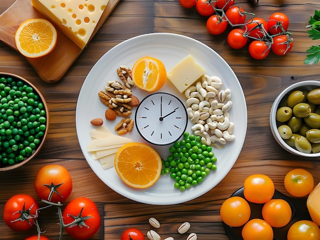 Photo a plate of cheese vegetables cheese and fruits on a table