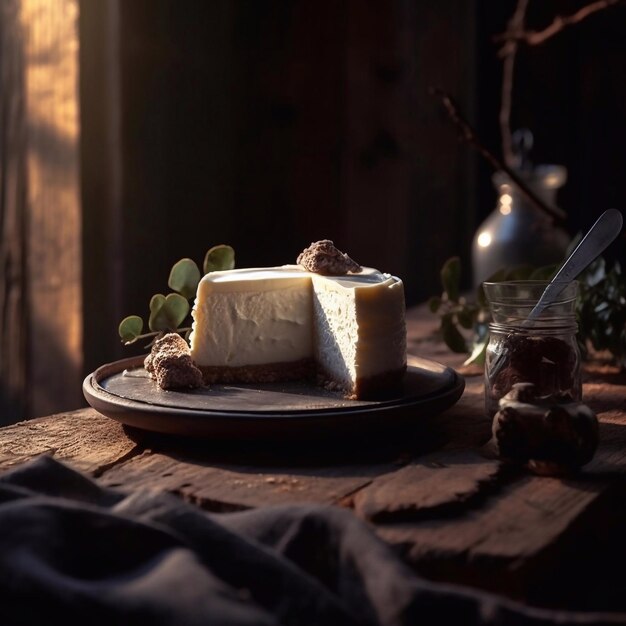 A plate of cheese with a small jar of chocolates on it.