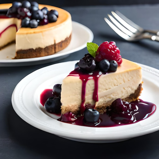 A plate of cheesecake with blueberries and raspberries on it.