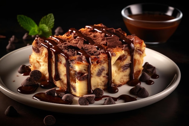 A plate of cheesecake with chocolate sauce and chocolate chips