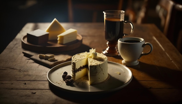 A plate of cheesecake with a cup of coffee and a plate of chocolate cake.