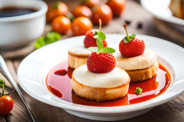 A plate of cheesecake with a strawberry on top