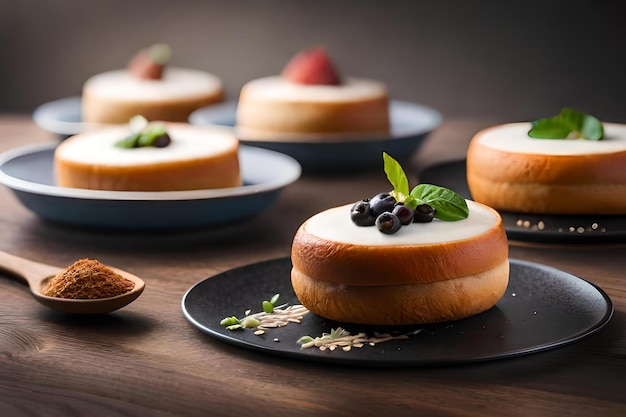 A plate of cheesecakes with a few other plates of food on a table.