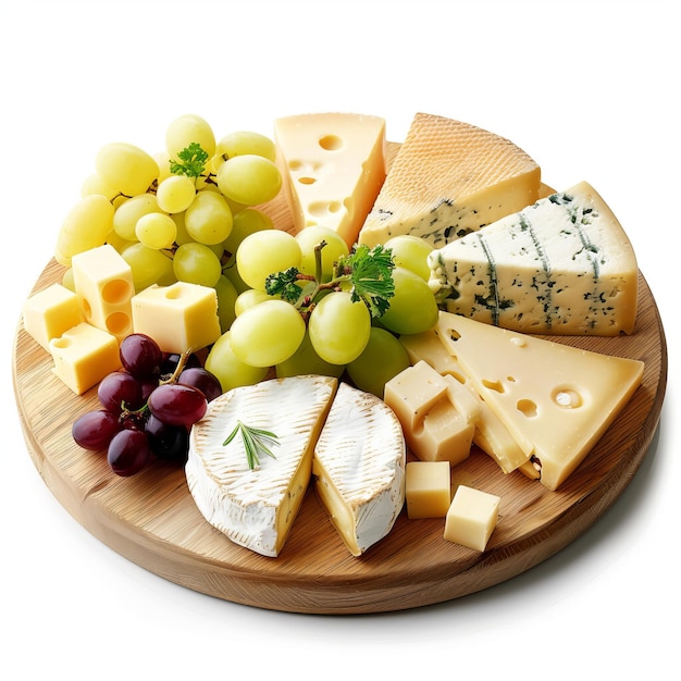 Photo a plate of cheeses and grapes with a bunch of grapes on it