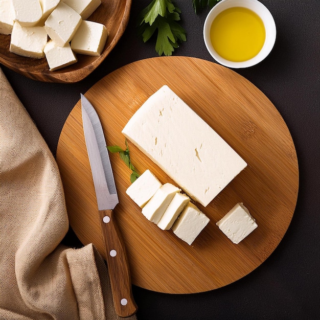 a plate of cheeses with a knife and a bowl of parmesan cheese