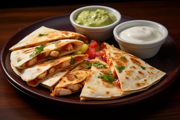 Plate of cheesy chicken quesadillas served with salsa and sour cream