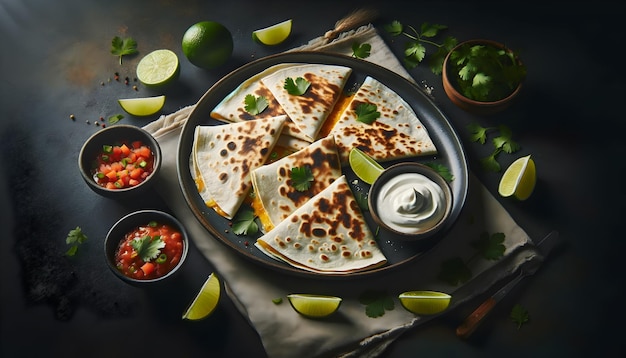 A plate of cheesy quesadillas with sour cream fresh herbs salsa and lime on a dark background