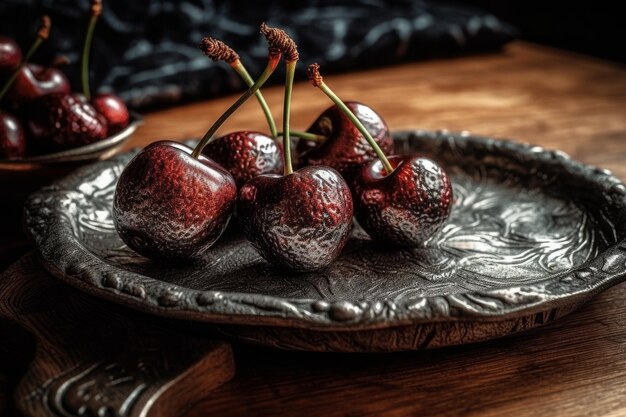 A plate of cherries on a table