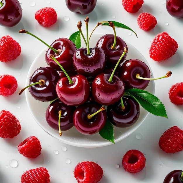 Photo a plate of cherries with a white plate with the word raspberries on it