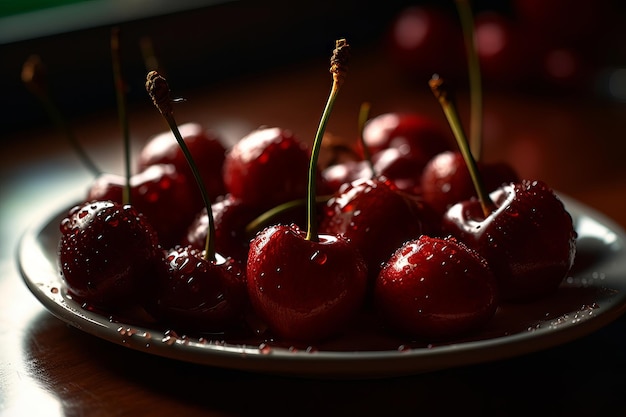 A plate of cherries with the word cherry on it