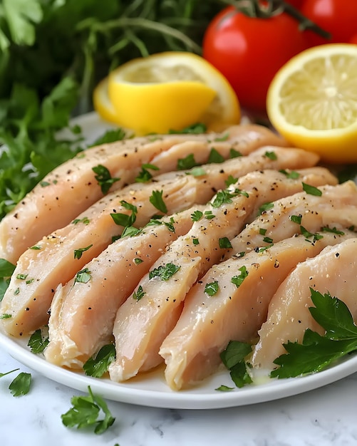 a plate of chicken breast with parsley and parsley