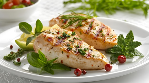 a plate of chicken breast with parsley on top of it