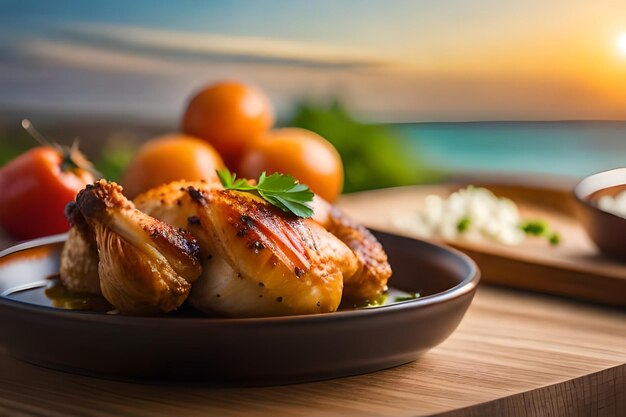 Photo a plate of chicken breast with a piece of garlic on the side