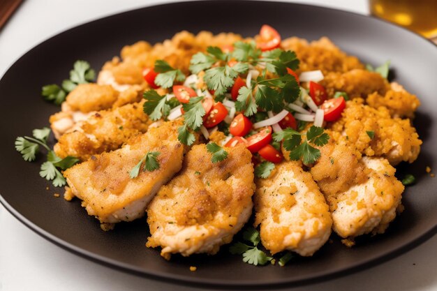 A plate of chicken breast with rice and tomatoes on the side