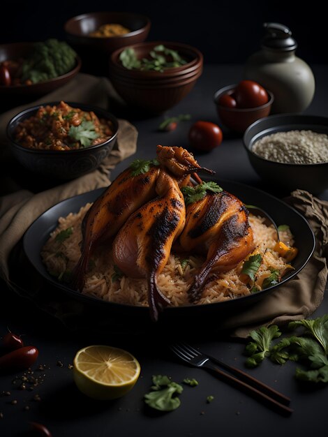 A plate of chicken breast with rice and vegetables