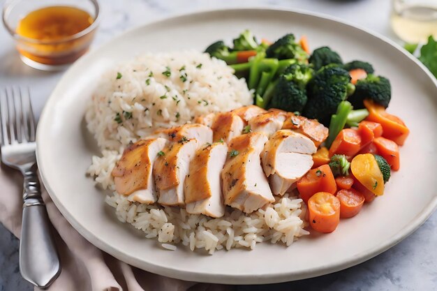 A plate of chicken breast with rice