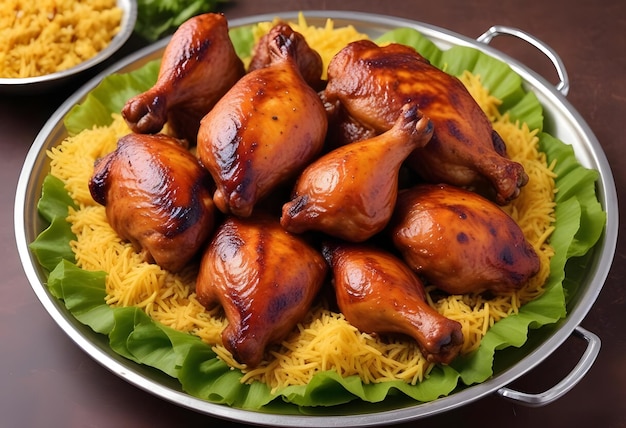 a plate of chicken Broast with a lemon wedge on it