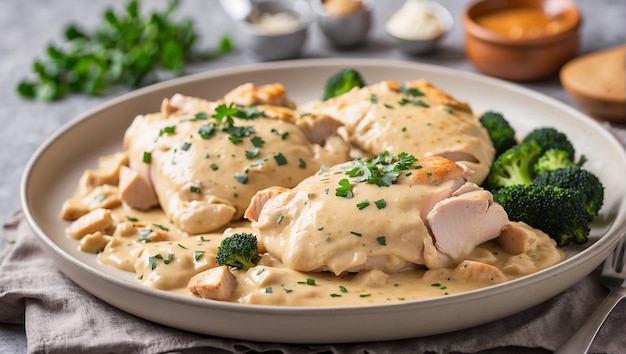 A plate of chicken and broccoli with a creamy sauce