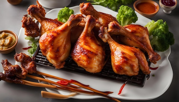 a plate of chicken and chicken with broccoli and ketchup