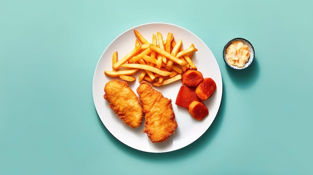 A plate of chicken and fries with mustard on the side.