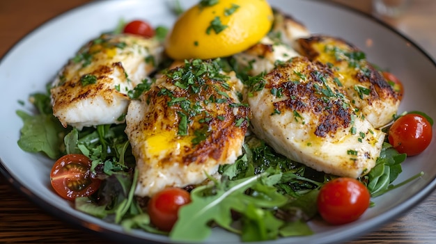 a plate of chicken lemon and tomatoes with a lemon wedge on it