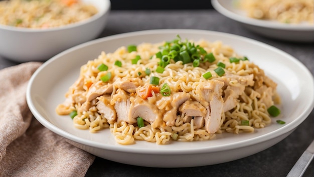 A plate of chicken and noodles