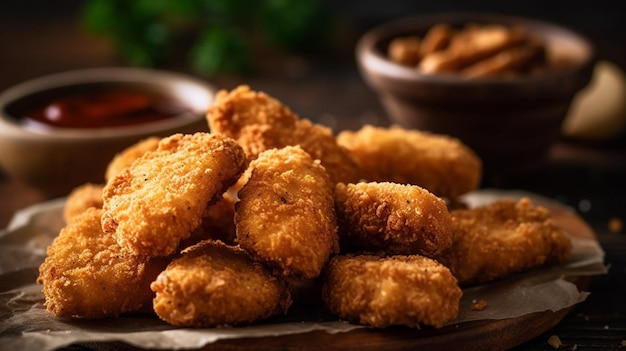 A plate of chicken nuggets with a bowl of sauce in the background.