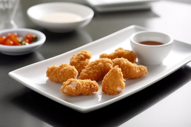 A plate of chicken nuggets with dipping sauce on it.