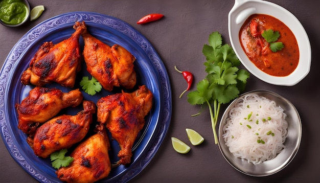 Photo a plate of chicken and rice with a bowl of rice and a bowl of rice