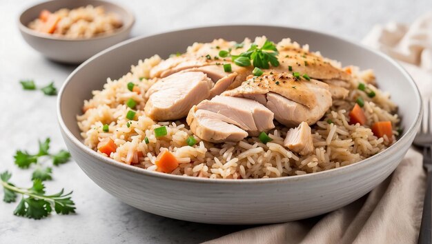 A plate of chicken and rice with carrots and green onions