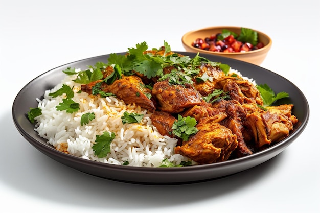 A plate of chicken and rice with pomegranate seeds.