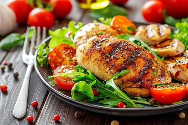 Photo plate of chicken salad on a wooden table