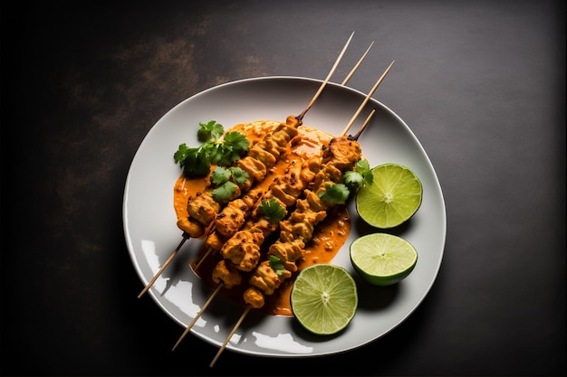 A plate of chicken satay with limes and limes on the side