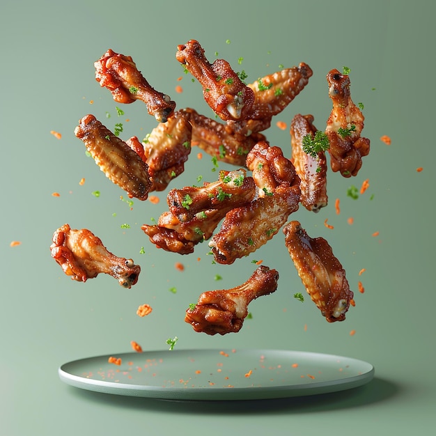 a plate of chicken and sausages with a green background