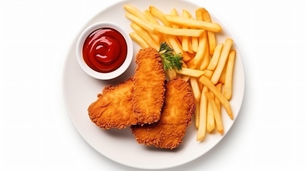 Plate of Chicken Schnitzel with French Fries Isolated