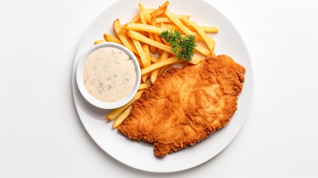 Plate of Chicken Schnitzel with French Fries Isolated