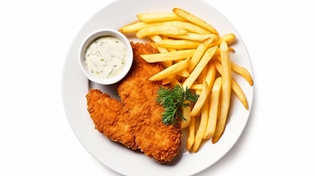 Plate of Chicken Schnitzel with French Fries Isolated