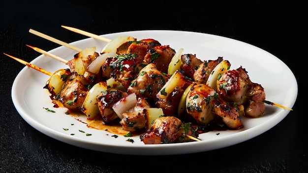 A plate of chicken skewers with sauce on it