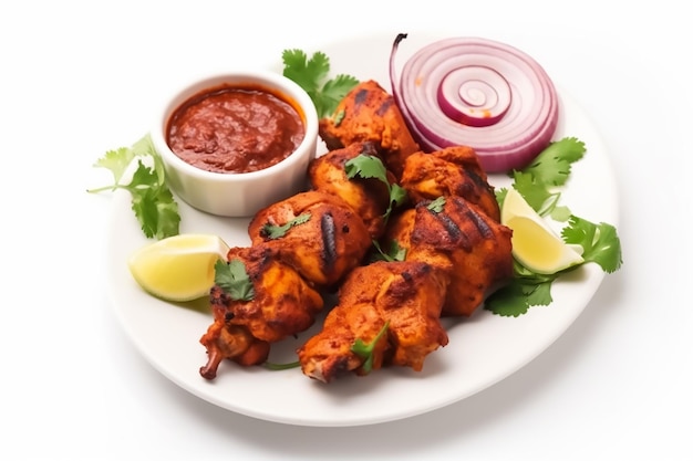 A plate of chicken skewers with a side of red onion and lime wedges.