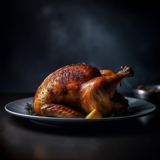 A plate of chicken and a spoon with a knife and a spoon in the background.