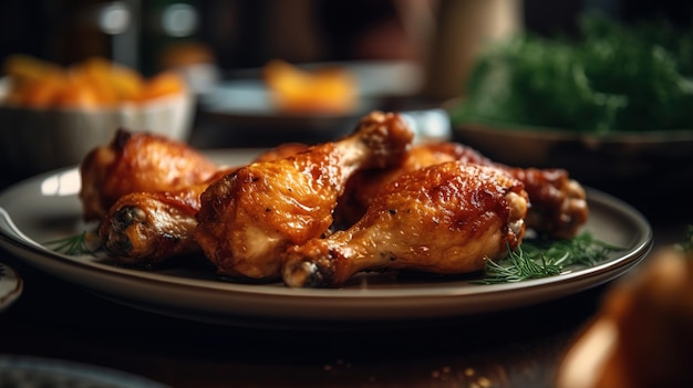 A plate of chicken on a table with a bowl of greens on the side