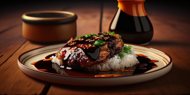 a plate of chicken teriyaki on blurred background