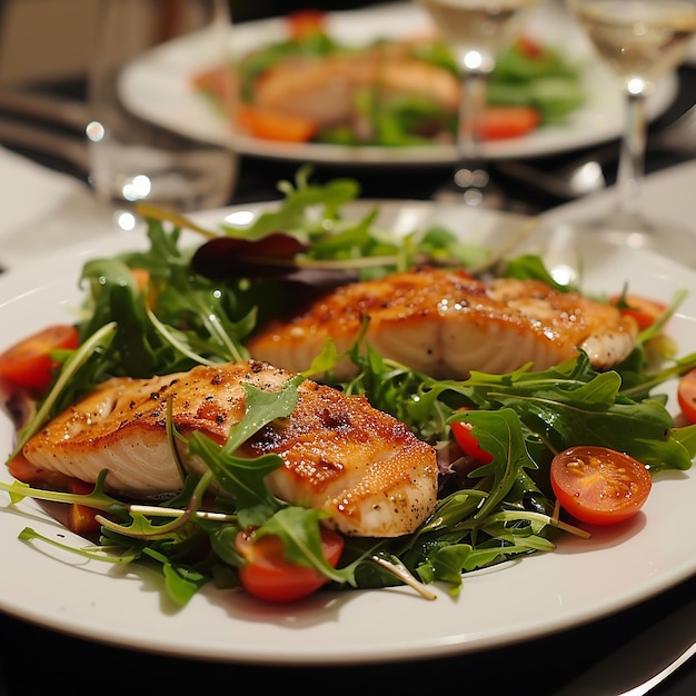 a plate of chicken tomatoes and lettuce with a glass of wine