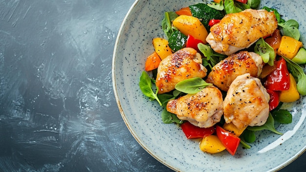 Photo a plate of chicken vegetables and chicken with seasonings