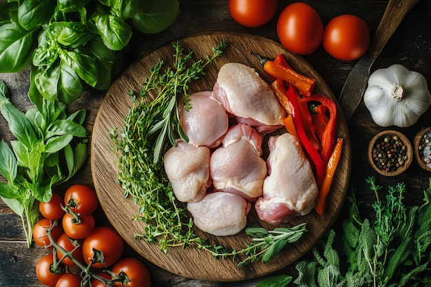 Photo a plate of chicken vegetables and tomatoes on a wooden board