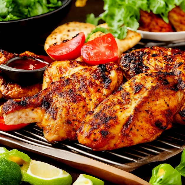 a plate of chicken and vegetables with a side of salad and a bowl of salad