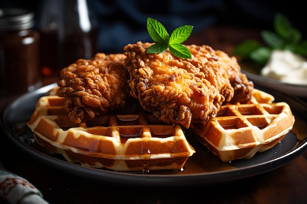 A plate of chicken and waffles with a sprig of mint on top