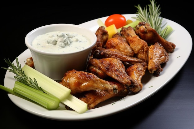 a plate of chicken wings and a bowl of dip with a side of dip