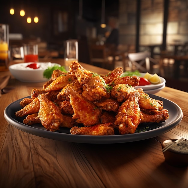 a plate of chicken wings and a bowl of salad on a table