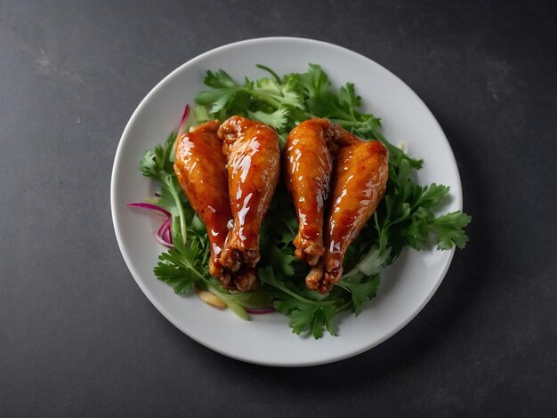 Photo a plate of chicken wings and carrots with a red onion on top